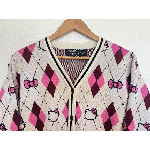 Hello Kitty Argyle Knit Cardigan Sweater Pink Burgundy Preppy Coquette Mall Y2K - Picture 2 of 8